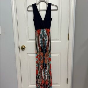 Renee C. Elegant Navy and Vibrant Pattern Maxi Dress